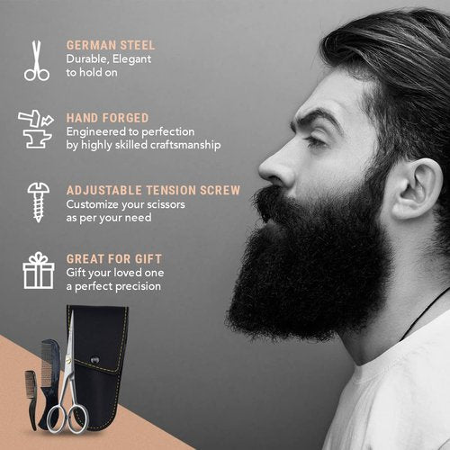 Ontaki Beard & Mustache Trimming Scissors - 5-Inch, Silver, Pack of 1 - Mustache Care Kit with Travel Comb - Compact Travel Pouch & Grooming Kit - 410C German Steel Durability & Beard Scissors