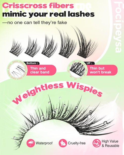 Focipeysa Wispy Lash Clusters Spiky Eyelash Clusters 10-18mm Eyelash Extensions Fox Eye Eyelash Right Left Individual Lashes Cat Eye Lashes Thin Soft Lash Extension Waterproof Lash Cluster