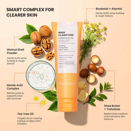 BellamiLuxx Body Acne Treatment Scrub: Helps Reduce Body Breakouts on Back, Chest, Butt & Thighs - Back Acne Treatment for Men, Women & Teens - Butt Acne Wash with Natural Actives for Smooth Skin