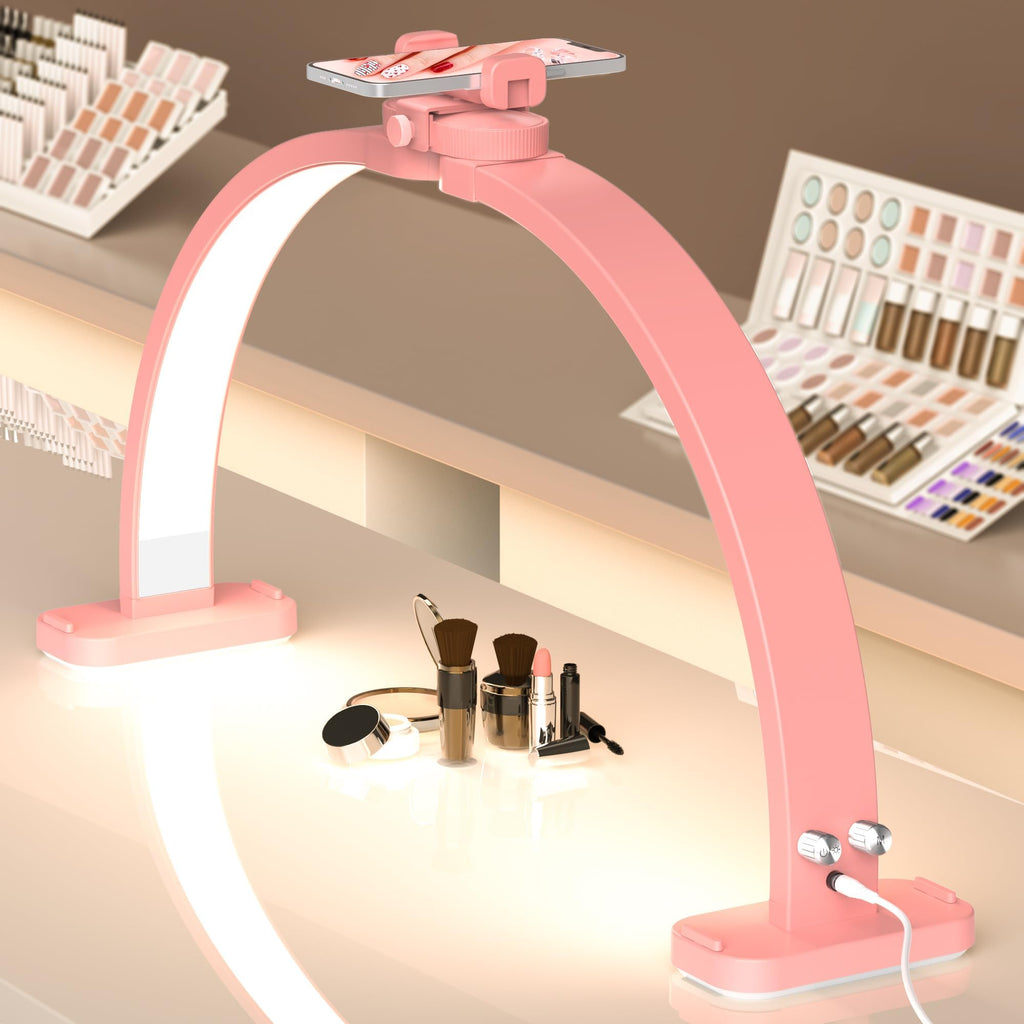 WurodBiza Upgrade 31" Wide-Body Large Half Moon Light for Nail Desk with Phone Holder, Foldable Arch Light for Nail Techs Perfect for Professional Manicure (Large Pink)