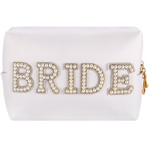 MIRIFRIGE Bride Patch MRS Cosmetic Bag,Pearl Rhinestone Letter makeup Toiletry Bag for Women, Portable Small PU Leather Waterproof bling Travel Purse Zipper Pouch Storage Organizer WH (Bride W)