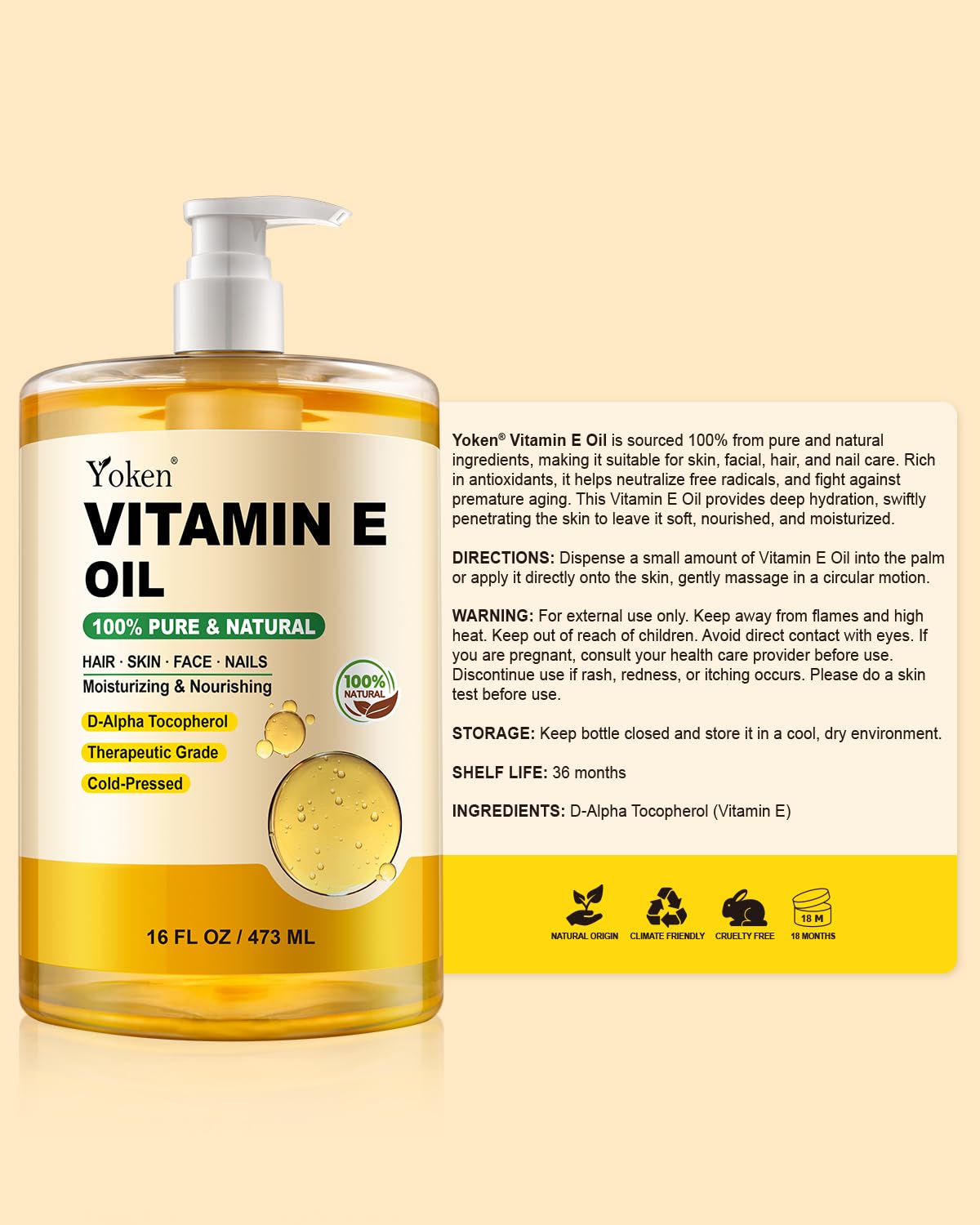 Yoken Vitamin E Oil 16 Fl Oz Vitamina E Oil for Skin Bulk Vitamine oils for Face,Cold Pressed Hexane Free Formula Liquid Perfect Care Bath and Body oils