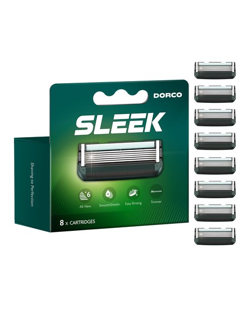 DORCO SLEEK Six Blade Razor System with Multi-Flex Technology Refill Set, Precision Shaving Razor Replacement Cartridge (8 Pack)