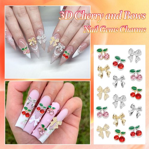 Pink 3D Nail Gems Charms Y2K, Silver Gold Cherry Bow Nail Charms, Heart Bowknot Nails Art Charms, Red White Pink Nail Bow Charms for Nail Art Design DIY with Tweezers