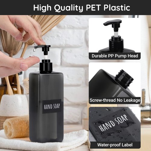 Segbeauty 16.9oz Shampoo Bottles Refillable Pump Bottle, 3pcs Shower Bottle Soap Dispenser with Labels, 500ml Gray Empty Plastic Square Shampoo Conditioner Dispenser, Body Wash Containers for Bathroom