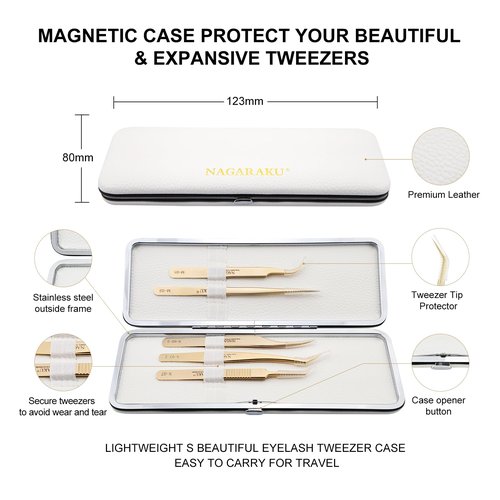 NAGARAKU 5 PCS Tweezers for Eyelash Extensions Straight and Curved Precision Professional Tweezer for Lash Extensions Volume Easy Fanning lash Precise Point with Storage Case Bag
