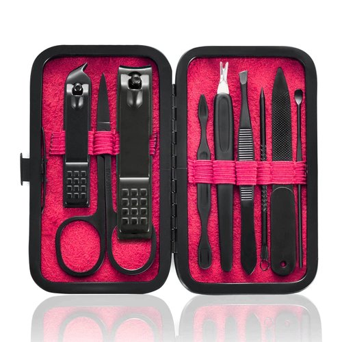 HANTEKAS Manicure Set 9 in 1 Stainless Steel, Nail Clippers Scissors Pedicure Tools Kit - Portable Travel Grooming Kit for Men and Women with Leather Case (Red-BIG Nail Clipper)