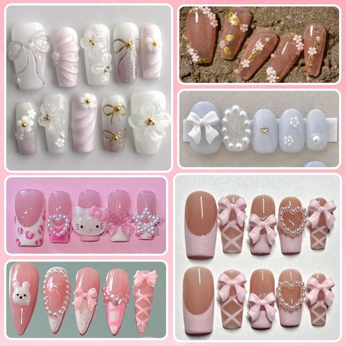 Lifextol 1000pc Pink Bow Nail Charms and Gems 3D Flower Nail Charms for Nails Design Press on Nails Art Charms, Resin Junk Case Charms Bulk Acrylic Pearl Nail Charms Heart for Fake Nails Supplies-D