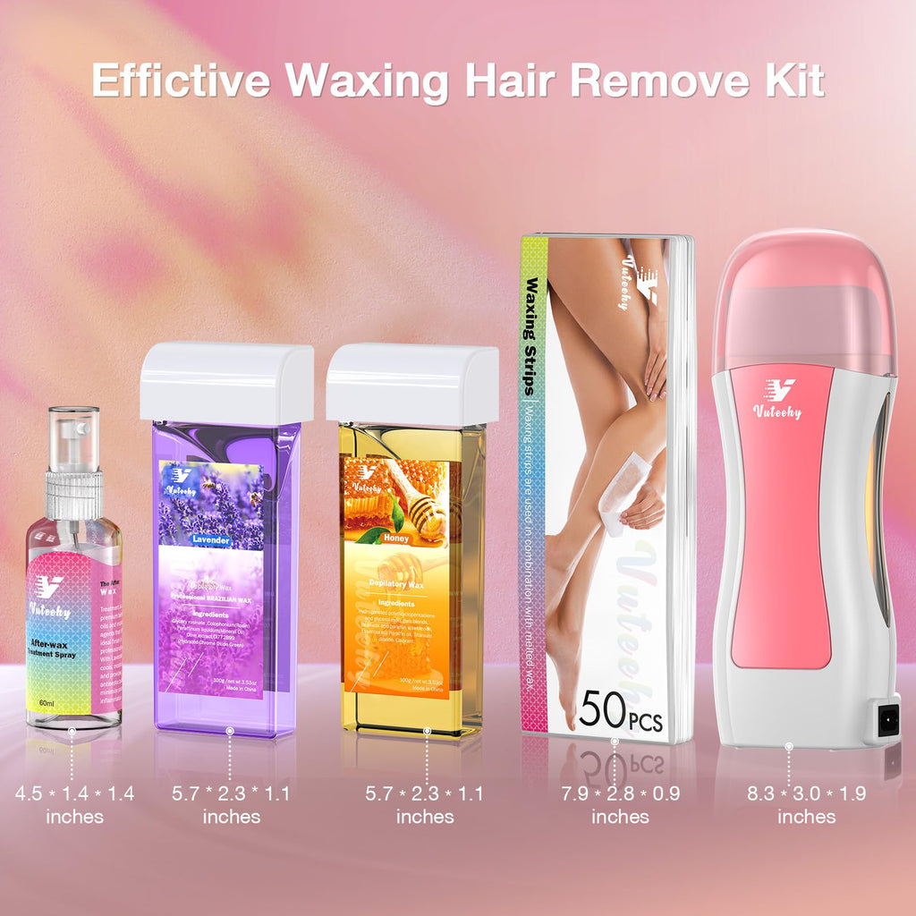 Vuteehy Roll on Waxing Kit, Roll on Wax Kit for Hair Removal, Waxing Kit at Home, Wax Roller Kit for All Skin Types Body, Sensitive Skin, Unisex, with 2 Soft Cartridges & 50 Pcs Strips