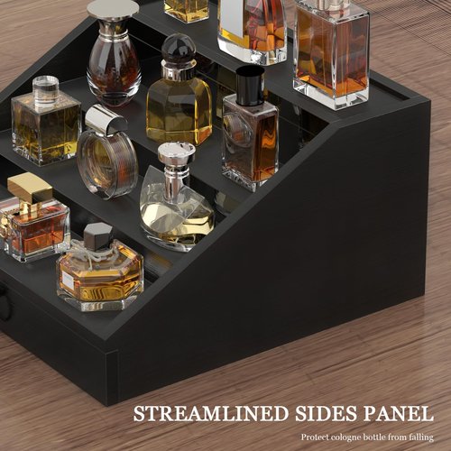 upcessory Wooden Cologne Organizer for Men Enhanced 4 Tier Cologne Stand Shelf Perfume Organizer with Velvet Lined Drawer & Hidden Storage Perfume Display Holder for Dresser Nice Gift (Classy Black)