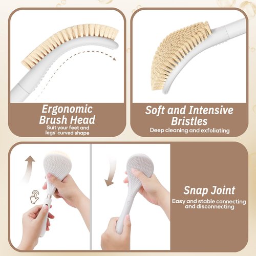 GEENOA New Foot Brush & Foot File Set(2PCS), 3-in-1 Foot Scrubber in Shower, 10.2’’-27.5’’Adjustable Long Handle Foot Scrub Brush and Upgrade Foot File Callus Remover, Gift-Box Packed(White Set)