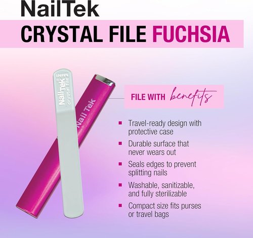Nail Tek Crystal File - Durable Glass Nail File with Case, Gentle for Natural Nails, Mini 3” Fuchsia