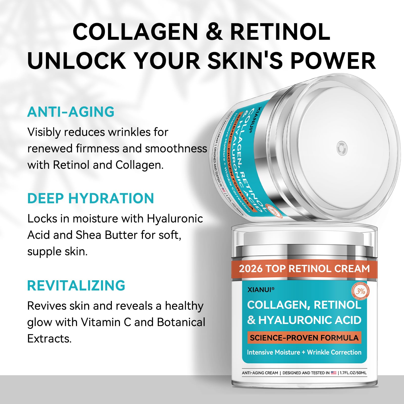 XIANUI Retinol Face Cream with Collagen & Hyaluronic Acid - Anti Aging & Firming Face Moisturizer for Women & Men - Wrinkle Reduction Night & Day Cream, 1.7 Fl Oz