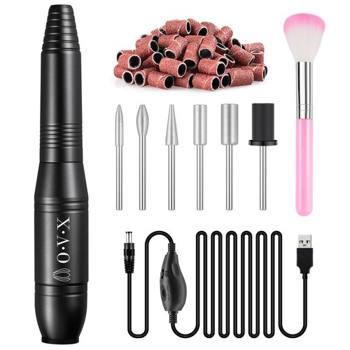 Professional 20000 RPM USB Nail Drill Efile Kit for Acrylic Nails - Manicure & Pedicure Polishing with 6 PCS Nail Drill Bits, Sanding Bands and Brush, Black