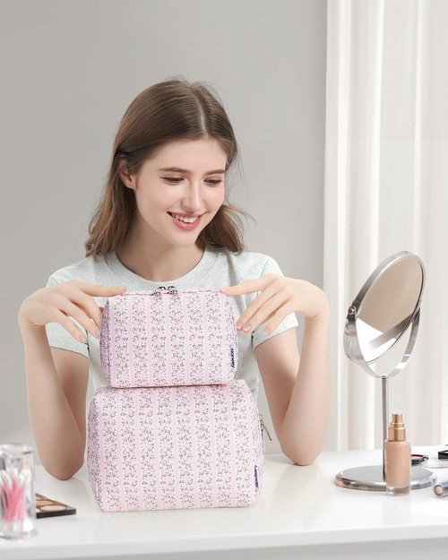 Narwey Floral Makeup Bag - Travel Cosmetic Organizer with Compartments for Women | Large Pink Flower Design