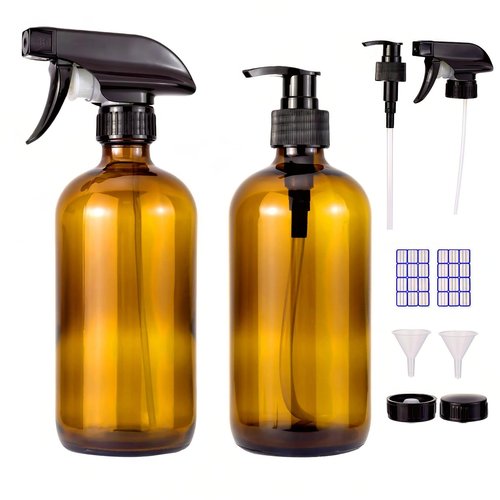 JIUWU 2 Pack 500ml 16.9oz Amber/Brown Glass Spray Bottles, Thickened, Refillable Empty Bottles for Cleaning Solutions, Essential Oils, Hair, Plants, Adjustable Nozzle for Squirt/Mist, Funnel, Label