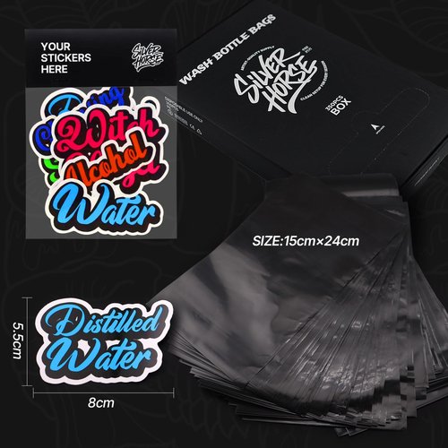 350pcs Wash Bottle Bags with 6pcs Sticker Labels - Tattoo Bottle Bags for 500ml/16.9oz, 6.0×9.4 Inch Plastic Covers, Professional Tattoo Supplies & Accessories (Black)