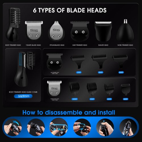 DSP Men's Grooming Kit, Beard Trimmer for Men, Nose Trimmer, Body Trimmer, Foil Shaver, T-Blade, Mustache, Cordless Hair Trimmer, IPX6 Waterproof,2 Speeds Adjustable, Gift for Men (Blue)