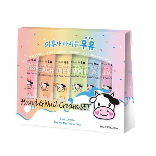 KWAILNARA Hand & Nail Cream Gift Set - Nourishing K-Beauty Variety Pack (Set of 6) | Strawberry, Peach, Honey, Vitamin, Hyaluronic & Collagen