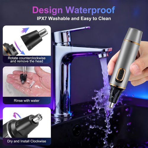 AREYZIN Nose Hair Trimmer for Men,Rechargeable Ear and Nose Trimmer,2 in 1 Painless Professional Eyebrow & Facial Hair Trimmer with IPX7 Waterproof Dual Edge Blades,Wet/Dry Use(Grey)