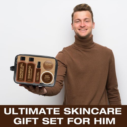 Skiennix Sandalwood Gift Set - 6 Travel Size Toiletries for Men | Shampoo, Shower Gel, Soap & Lotion