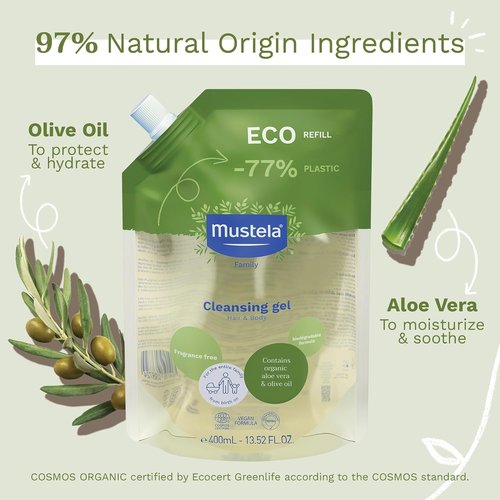 Mustela Organic Cleansing Gel - Natural Hair & Body Wash with Olive Oil & Aloe Vera - Fragrance-Free, Tear-Free, Vegan - 13.52 fl. oz.