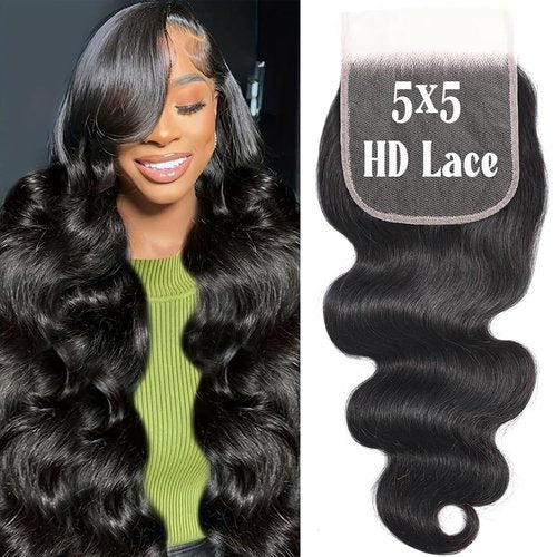 QTHAIR 18A Body Wave 5x5 Transparent Lace Closure 16inch 5x5 Lace Closure 16inch Human Hair Pre Plucked with Baby Hair Lace Closure Natural Black Color for Black Women