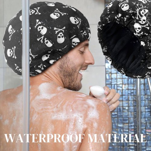 Shower Cap for Men Skulls Bath Cap, Reversible Large Waterproof Adjustable Shower Caps Terry Lining & Elastic Band Stretch Hem Hair Hat