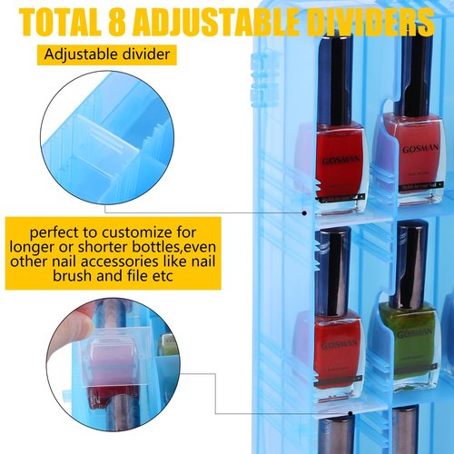 LAUQEE Universal Nail Polish Holder Gel Nail Polish Organizer Case for 48 Bottles Adjustable Dividers Space Saver,Double Sided Storage for Nail Bottles Mini Cars Threads Essential Oils (Blue)