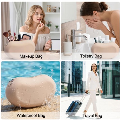 Silicone Makeup Bag for Travel, Zipper Makeup Tools Bag, Large Makeup Brush Holder, Waterpoof Toiletry Bag, Large Capacity Cosmetic Bags, Gifts for Girls Girlfriend Wife Birthday Gift (Khaki)