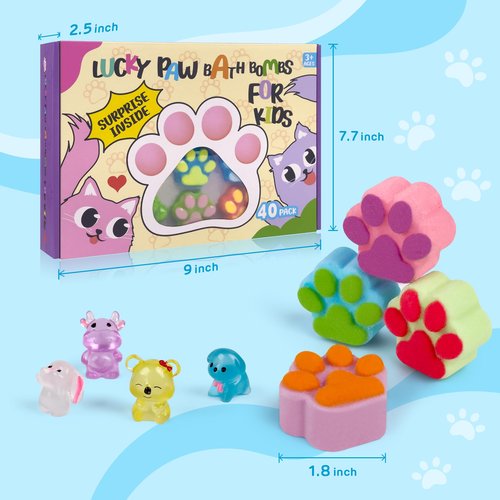 Bath Bombs for Kids with Surprise Inside, 40 Large Number Pack Paw Shape Bath Bombs Gift Set, Natural Organic Kids Bubble Bath Fizzy for Girls Boys with Bath Toys Inside