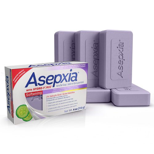 Asepxia Acne Treatment Softening Bar Soap | 2% Salicylic Acid Cleanser, Wash away Oil & Impurities, Soothes with Cucumber Extract, Daily Use, Refreshes Skin, Face Wash, 4 Oz, 5-Pack