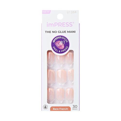 KISS imPRESS No Glue Mani Press On Nails, French, 'Heroic', Light Neutral + White Tip French, Short Size, Squoval Shape, Includes 30 Nails, Prep Pad, Instructions Sheet, 1 Manicure Stick, 1 Mini File