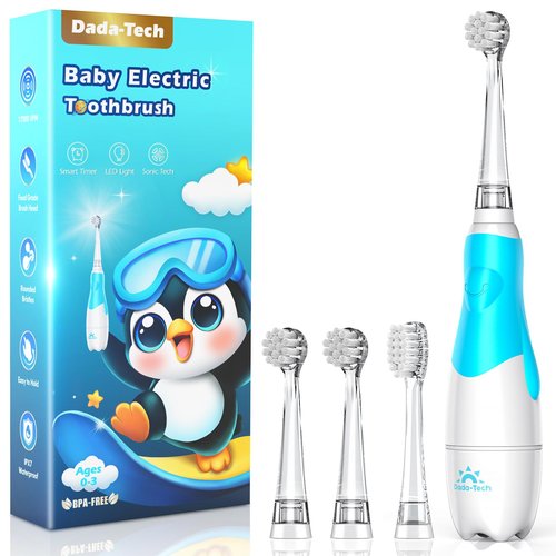 DADA-TECH Toddler Electric Toothbrush Kids Age 1-2-3 Years Old, Baby Electric Toothbrush with LED Light 2 Minutes Timer 4 Vibrating Heads for Infants (Blue Penguin‌‌)