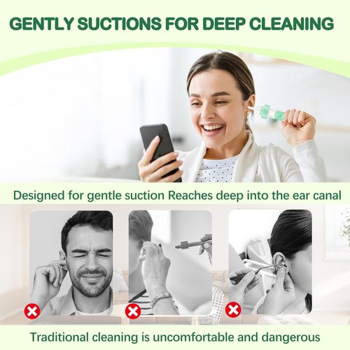 Electric Ear Wax Removal Tool with Vibration Suction, Ear Wax Vacuum Cleaner, Soft Silicone Spoon with 2 Washable Replaceable Tips Ear Cleaning for Family, Portable Case,Aqua Green
