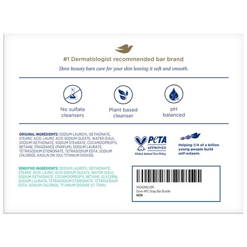 Dove Beauty Bar Soap Variety 4-Pack – Sensitive Skin, Fragrance-Free + Original, with Moisturizing Cream, 2.6 Oz Ea