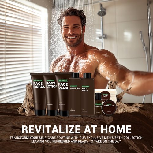 Rinse & Robust Gifts for Men, Valentine Gifts for Men, Sandalwood Holiday Bath & Body Grooming Mens Gift Sets, Birthday Gift Ideas for Dad Boyfriend Husband Valentines, Holiday Grooming Gift Sets