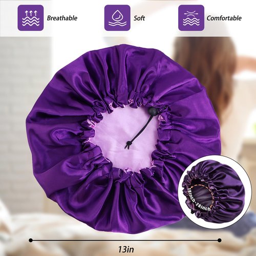 Satin Bonnet Silk Bonnet for Curly Hair Bonnet Braid Bonnet for Sleeping Bonnets for Women Large Double-Layer Adjustable Purple