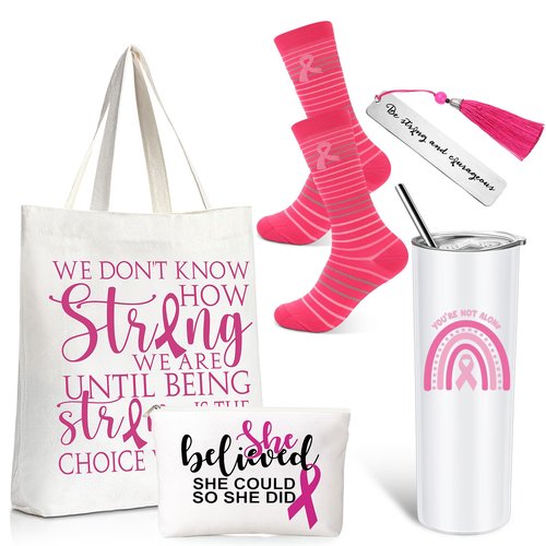 Silkfly 5 Pcs Book Lovers Gifts Set, Gifts for Book Lovers, Includes 20 oz Wine Tumbler Socks Bookmark Tote Bag and Cosmetic Bag (Pink Ribbon)