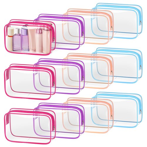TISRATOK 12 PCS Clear Makeup Bag for Women with Zipper, TSA Approved Toiletry Pouch, Cosmetic Bag Bulk for Travel Organizer Essentials - Multicolor, Medium