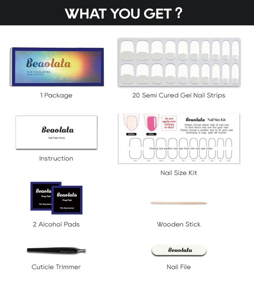Beaolata Semi Cured Gel Nail Strips - UV Light Gel Nail Stickers - 20 Long Lasting Salon Quality Wraps (French Light White)