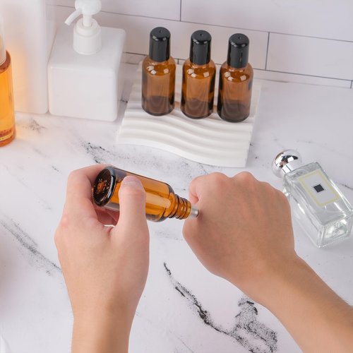 RAMFIYN 3 Pack Amber Roller Bottles for Oils 30ml Refillable Roller Ball Applicator for Travel Glass Roller Bottles with Filling Tool Set and Label