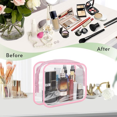 GONITYOU 16 Pieces Clear Makeup Bags Bulk, TSA Approved Toiletry Bags Travel Pouch, Waterproof PVC Plastic Small Clear Cosmetic Bags with Zipper for Organizing (Pink Border)