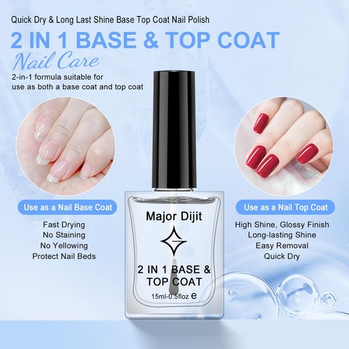 Major Dijit Clear Base & Top Coat 2-in-1 Nail Polish - Quick-Dry, Long-Lasting High Gloss Formula | 0.5 Fl Oz