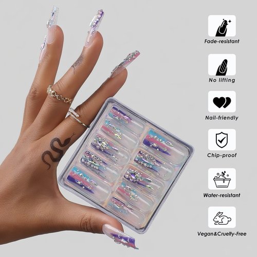 MqpQ Long Square Press On Nails With Rhinestones Luxury Rainbow Extra Fake Nails 24pcs Glossy Full Cover False Nails For Women And Girls