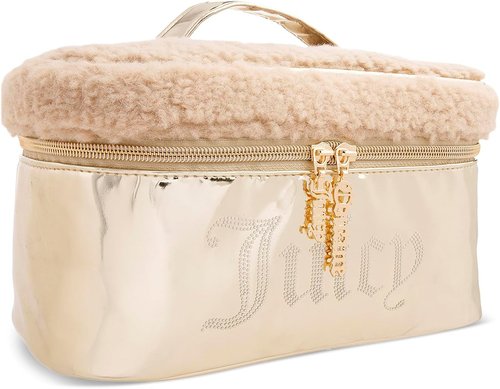 Juicy Couture Gold Makeup Bag - Shiny Rhinestones Travel Organizer | Faux Shearling Design