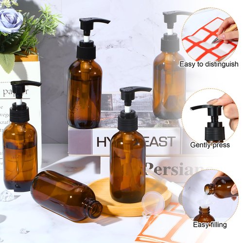 Tanlade 24 Pcs Glass Pump Bottle Dispenser 4 oz Travel Bottles with Pump Refillable Glass Containers for Toiletries Lotion Liquid Soap Shampoo Essential Oils Cosmetic Travel Accessories (Amber)
