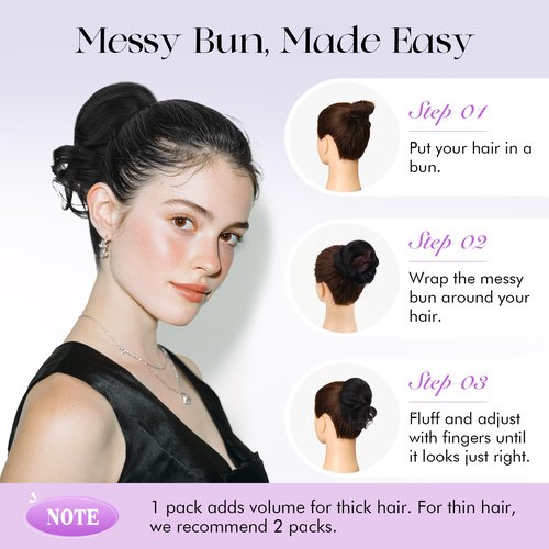 SOFEIYAN Human Hair Bun 100% Real Human Hair 16g Messy Bun Natural Tousled Stretchy Fluffy Donut Updo Elegant Chignon with Elastic Rubber Band Fake Bun Hair Piece for Women - Natural Black
