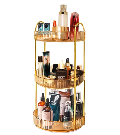 Skincare Organizers 360 Rotating, 3 Tier Round Makeup Organizer Countertop,Holder Rack Large Spinning Cosmetics Display Cases, Perfume Beauty Storage for Vanity, Countertop, Bathroom (Gold-3 Tier)