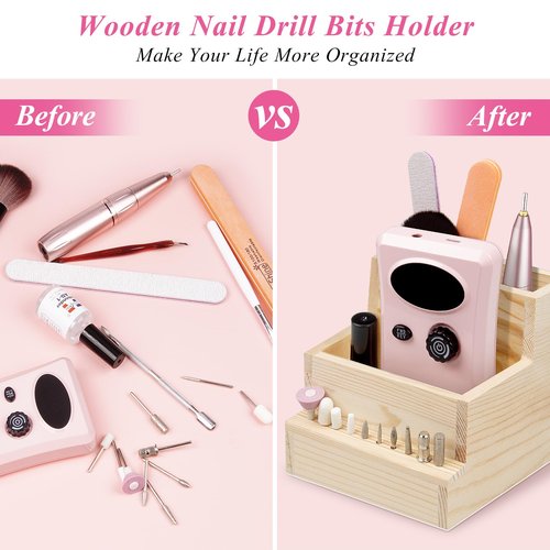 Urbuti Nail Drill Bits Holder, Wooden 10 Holes Nail Drill Machine Holder Display Storage Box, Durable Nail Art Polishing Grinding Drill Bit Organizer for Home Use or Nail Salon